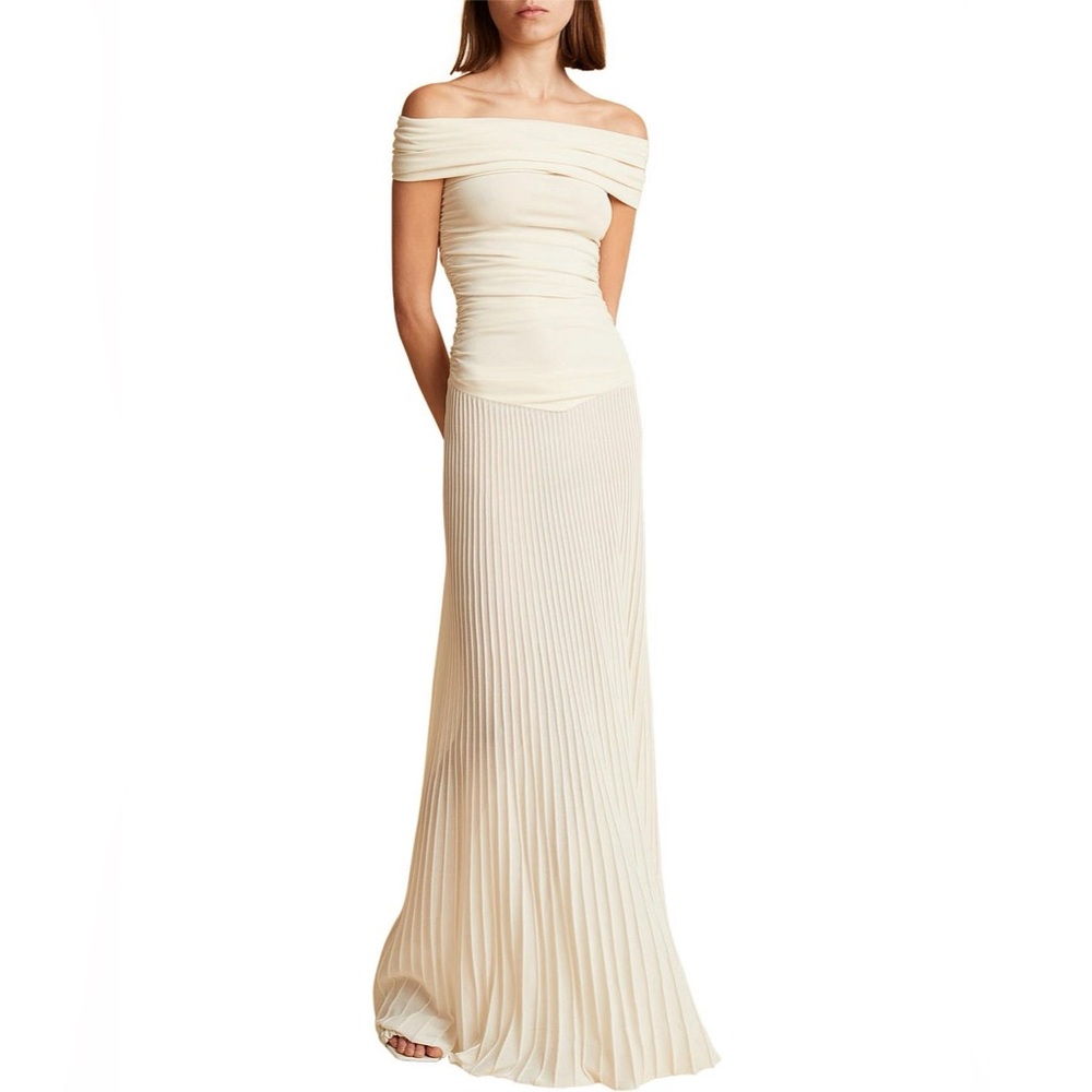KHAITE Cream Pleated Off-Shoulder Gown